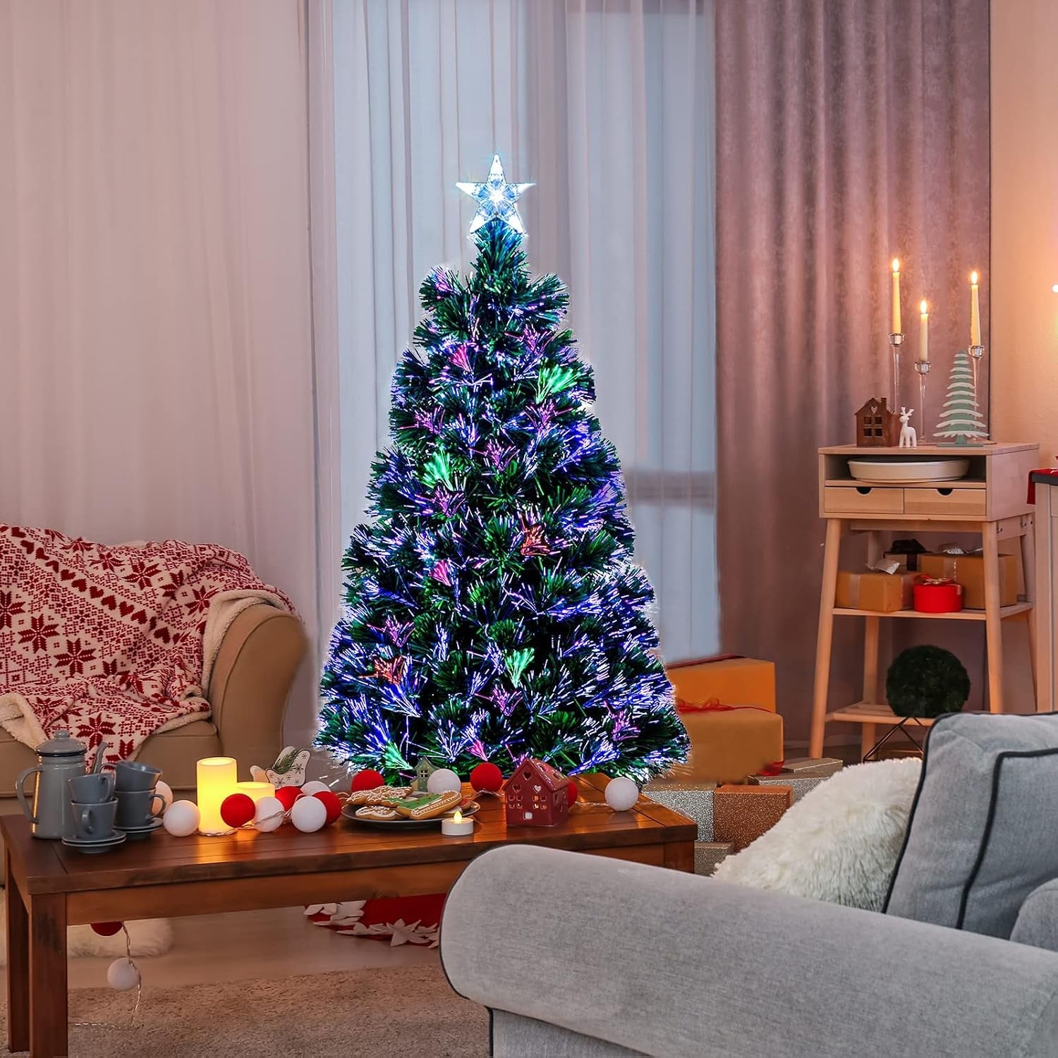 6Ft Fibre Optic Christmas Tree Indoor Xmas Decoration, Green