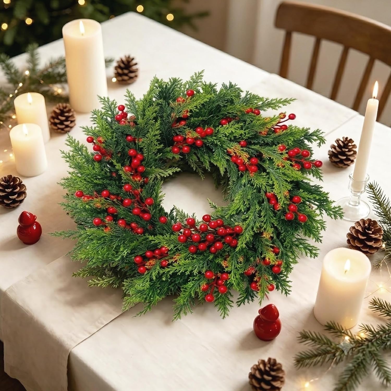 Large Christmas Wreath for Front Door 60 Cm (24 Inches), Artificial Fir Wreath with Red Berries, Pine Cones & Bow, Classic Advent Wreath for Wall & Door Decoration