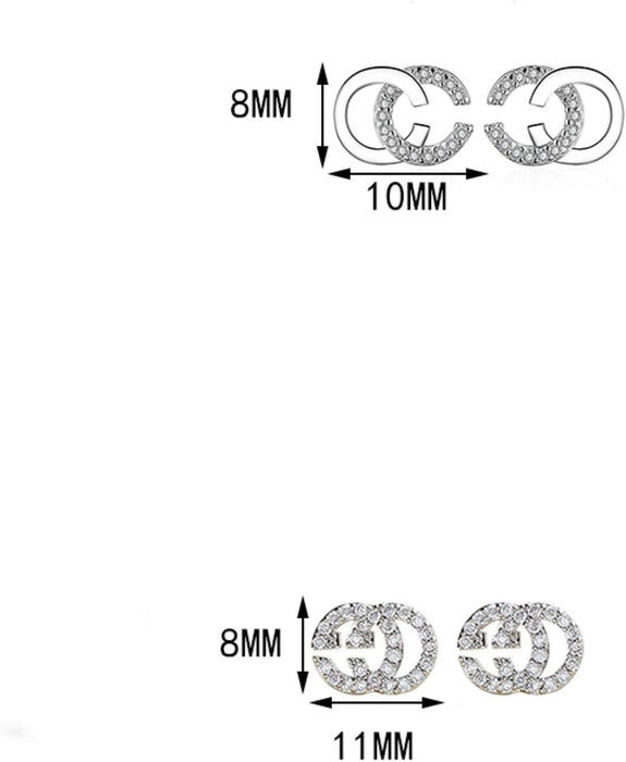 925 Sterling Silver Korean Sparkling Crystal English Letter Double C Stud Earrings Women Girl Sweet Jewelry-Silver