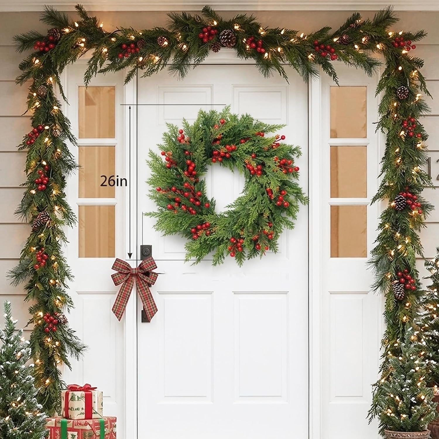 Large Christmas Wreath for Front Door 60 Cm (24 Inches), Artificial Fir Wreath with Red Berries, Pine Cones & Bow, Classic Advent Wreath for Wall & Door Decoration