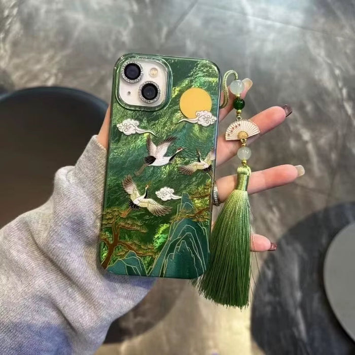 Vortex Pattern High Mountain Auspicious Cloud Crane Phone Case with Ancient Fan Tassel for Iphone 11 12 13 14 15 16 Pro Max