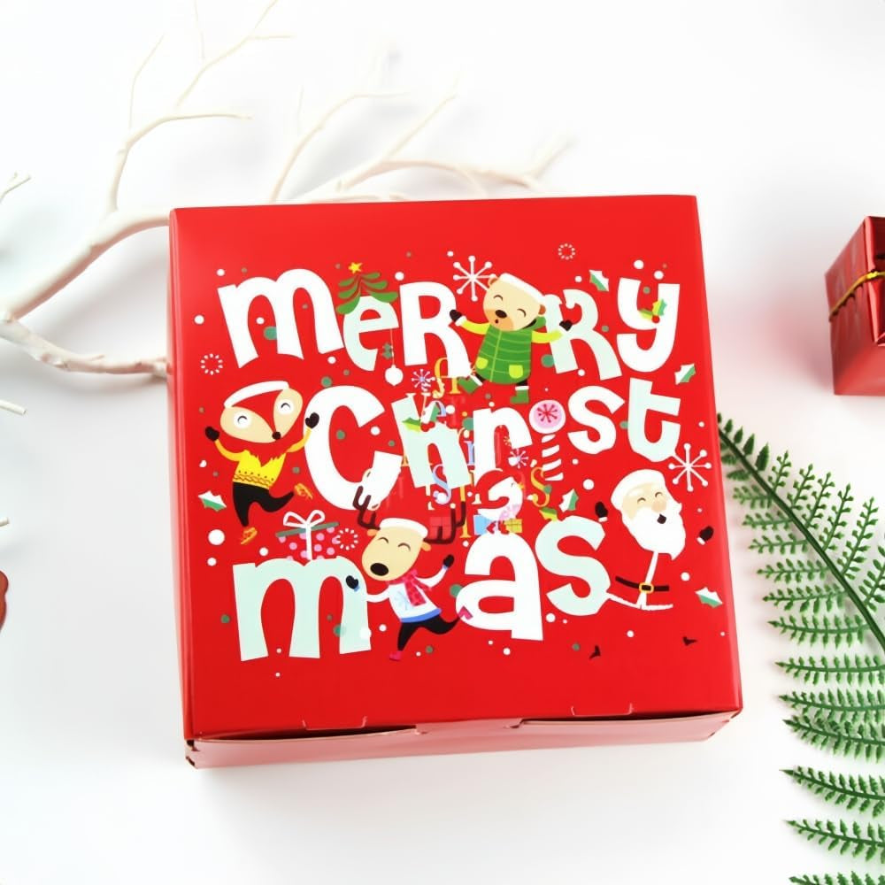 10 Packs 14X14X5Cm Red Merry Christmas Boxes with Lids, Gift Boxes, Xmas Party Favor Treats, Bakery, Gift Packaging