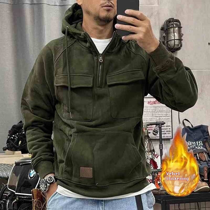 Retro Tough Guy Zipper Fleece-lined Thickened Work Clothes Motorcycle Hooded Jacket