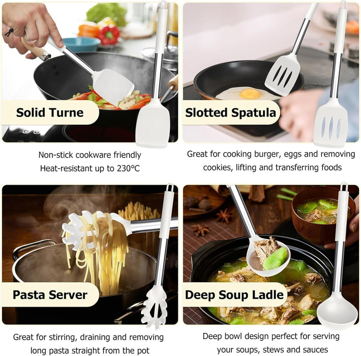 Kitchen Utensils Set, 6 Pcs Silicone White Cooking Utensils Include Ladle Turner Spoon Pasta Server, Heat Resistant Kitchen Tools with Stainless Steel Handle, Non-Stick Cookware Friendly