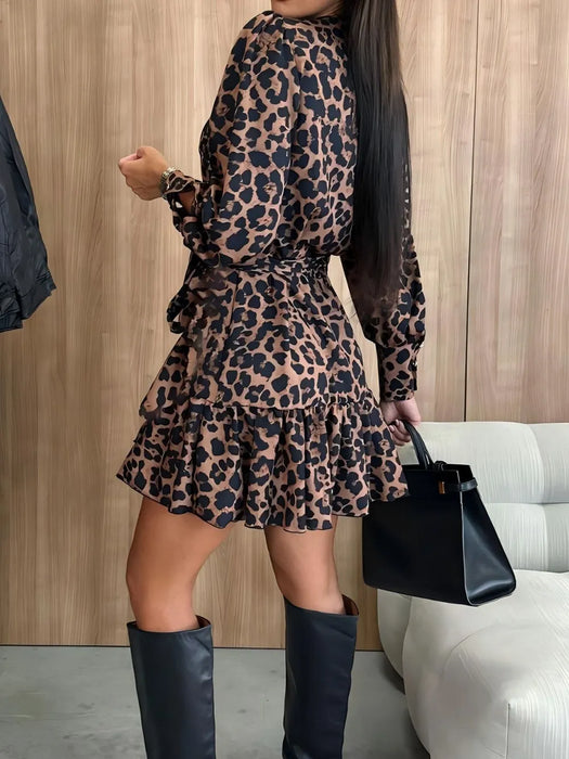 Women's long sleeved bubble sleeve V-neck lace up printed dress