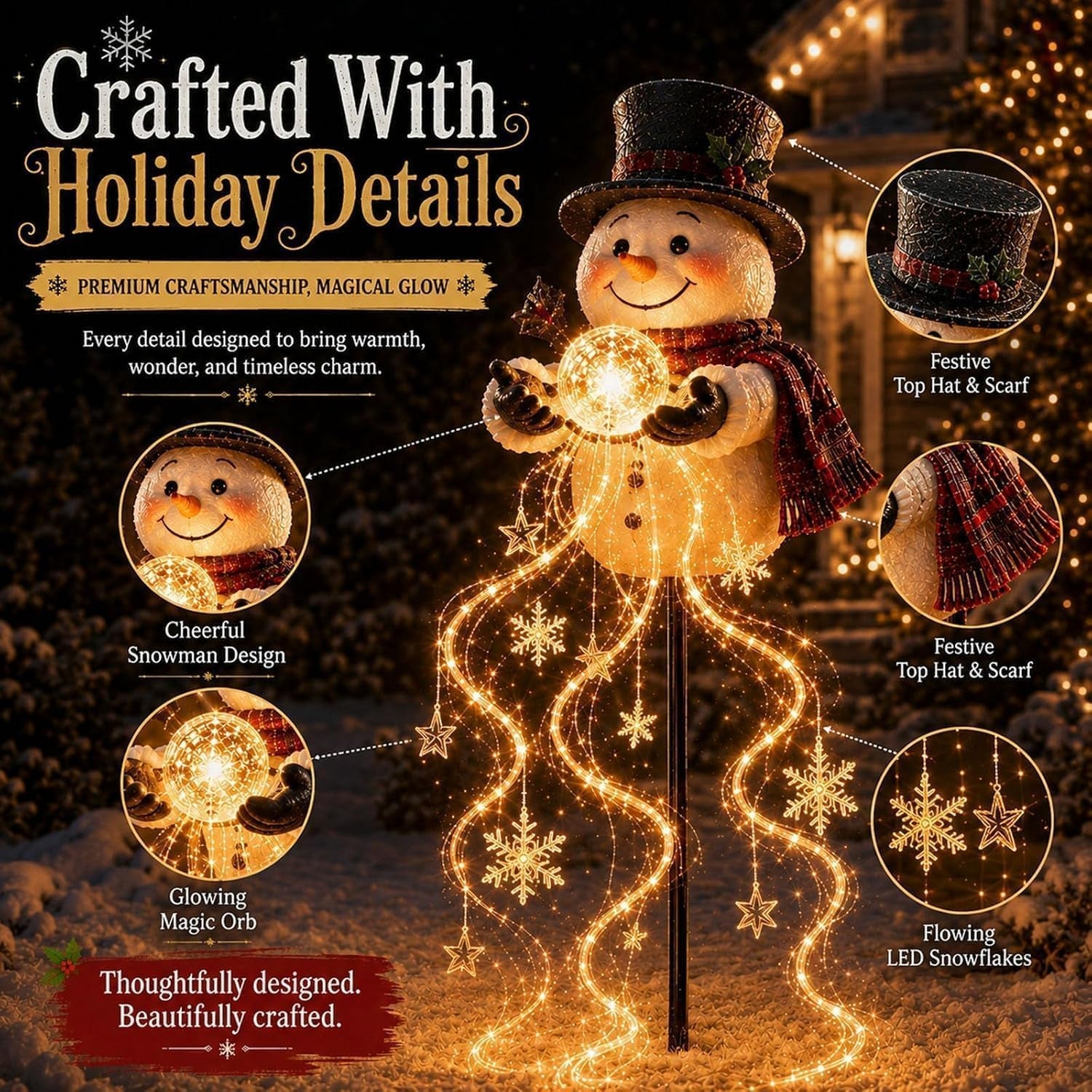 Christmas Decorations, Snowman Magic Fountain Flowing Snowflake Outdoor Christmas Lights with Cascading Stars Light for Garden Porch