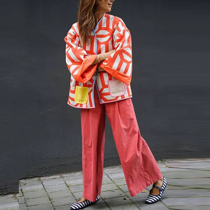 Autumn Winer Women Coat Geometric Print Casual Jackets for Women Fashion Long Sleeve Outerwear