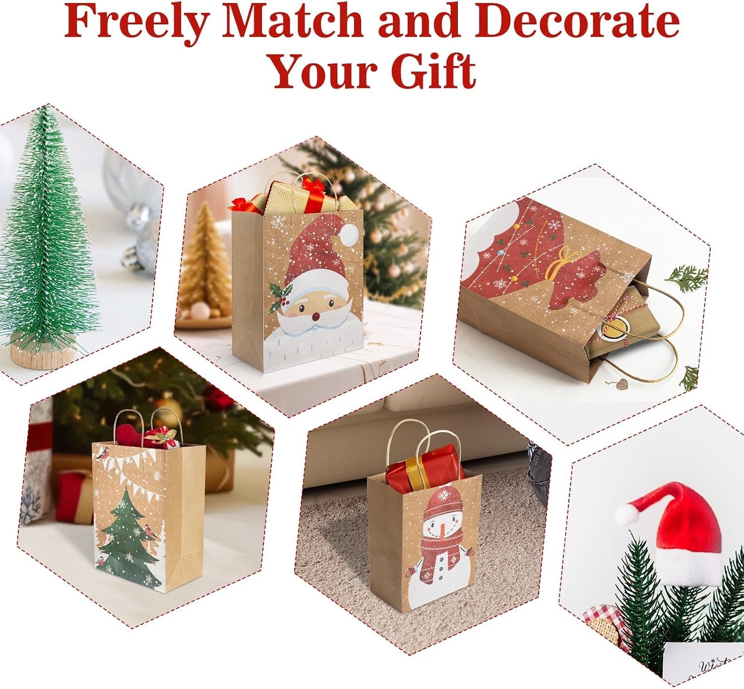 12PCS Kraft Christmas Paper Bags with Handles, 23X18X10Cm Jute Brown, 4 Festive Designs for Holiday Party Favours, Gift Wrapping & Xmas Decor