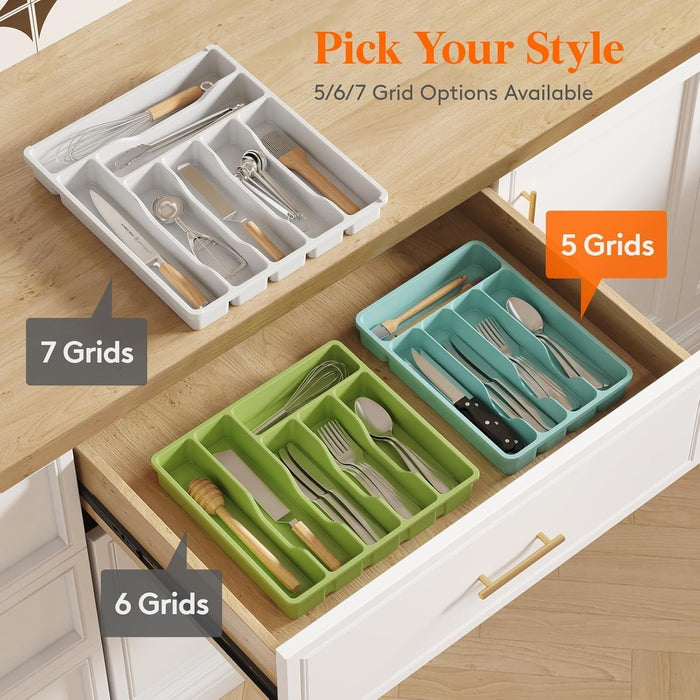 Cutlery Drawer Organiser, Plastic Cutlery Tray for Kitchen Drawer, Utensil Flatware Silverware Holder Divider for Spoons Forks Knives Tableware, 5 Compartment, Turquoise