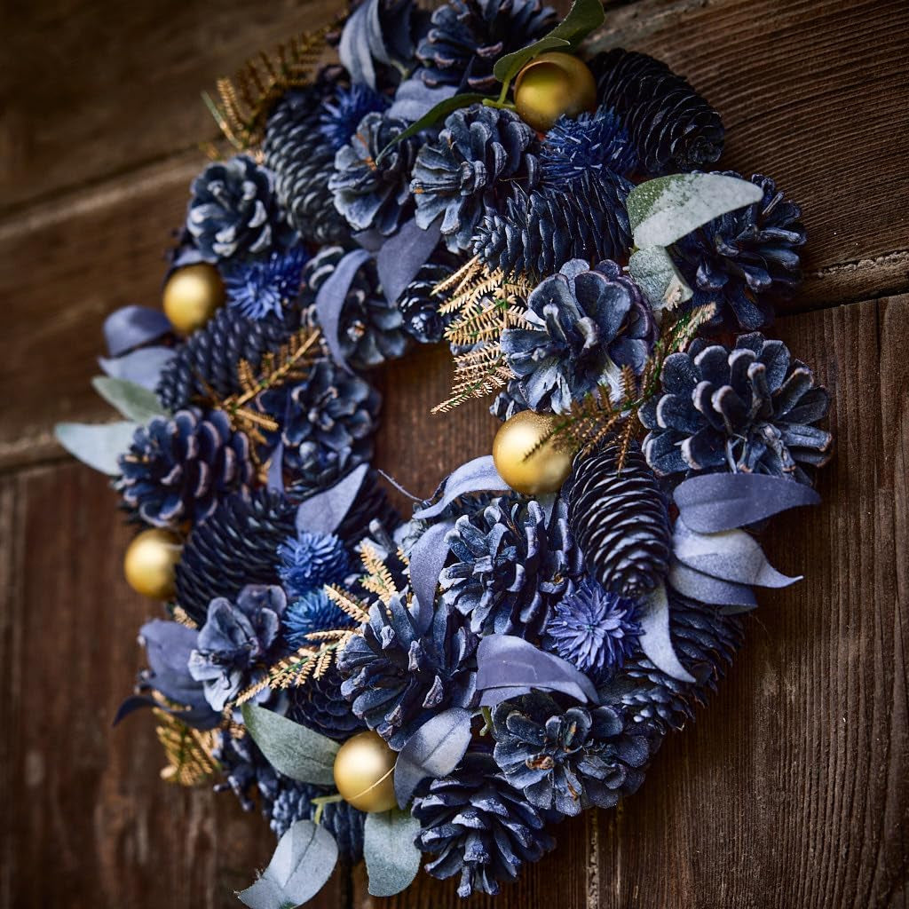 Christmas Wreath Blue Pine Cone Wreath with Gold Leaf & Bauble Decorations