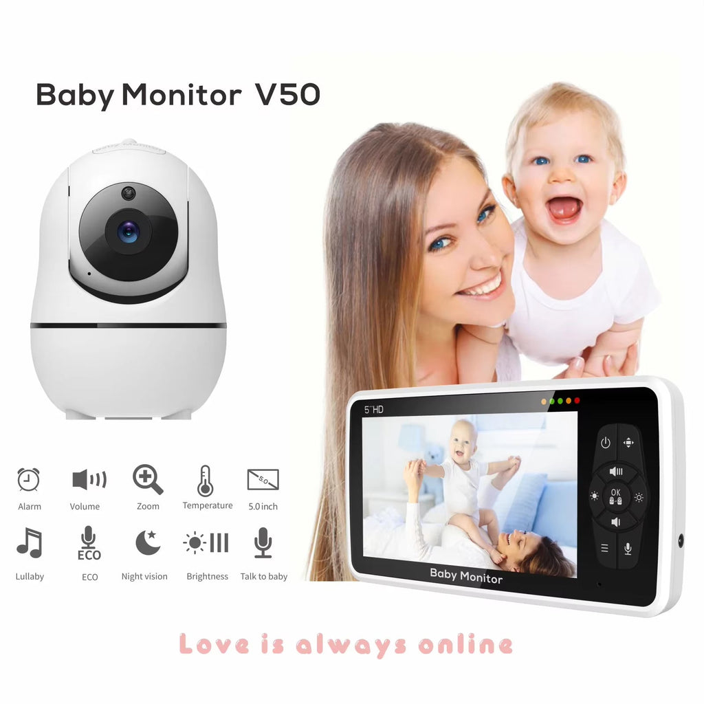 New 5 Inch Video Baby Monitor with Camera and Audio, 4X Zoom, 22Hrs Battery, 1000Ft Range 2-Way Audio Temperature Sensor Lullaby