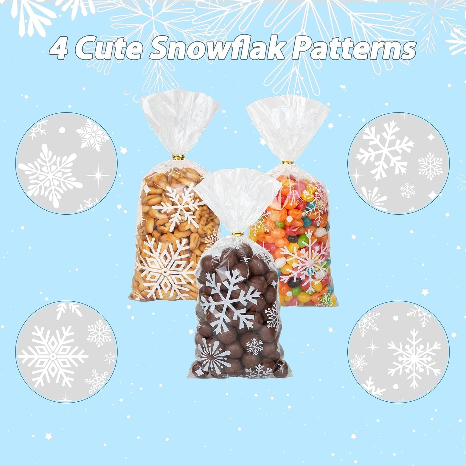 100 Pieces Christmas Snowflake Cellophane Bags, Xmas Snowflake Clear Candy Bags with Metallic Twist Ties for Winter Christmas Party Snowflakes Birthday Supplies