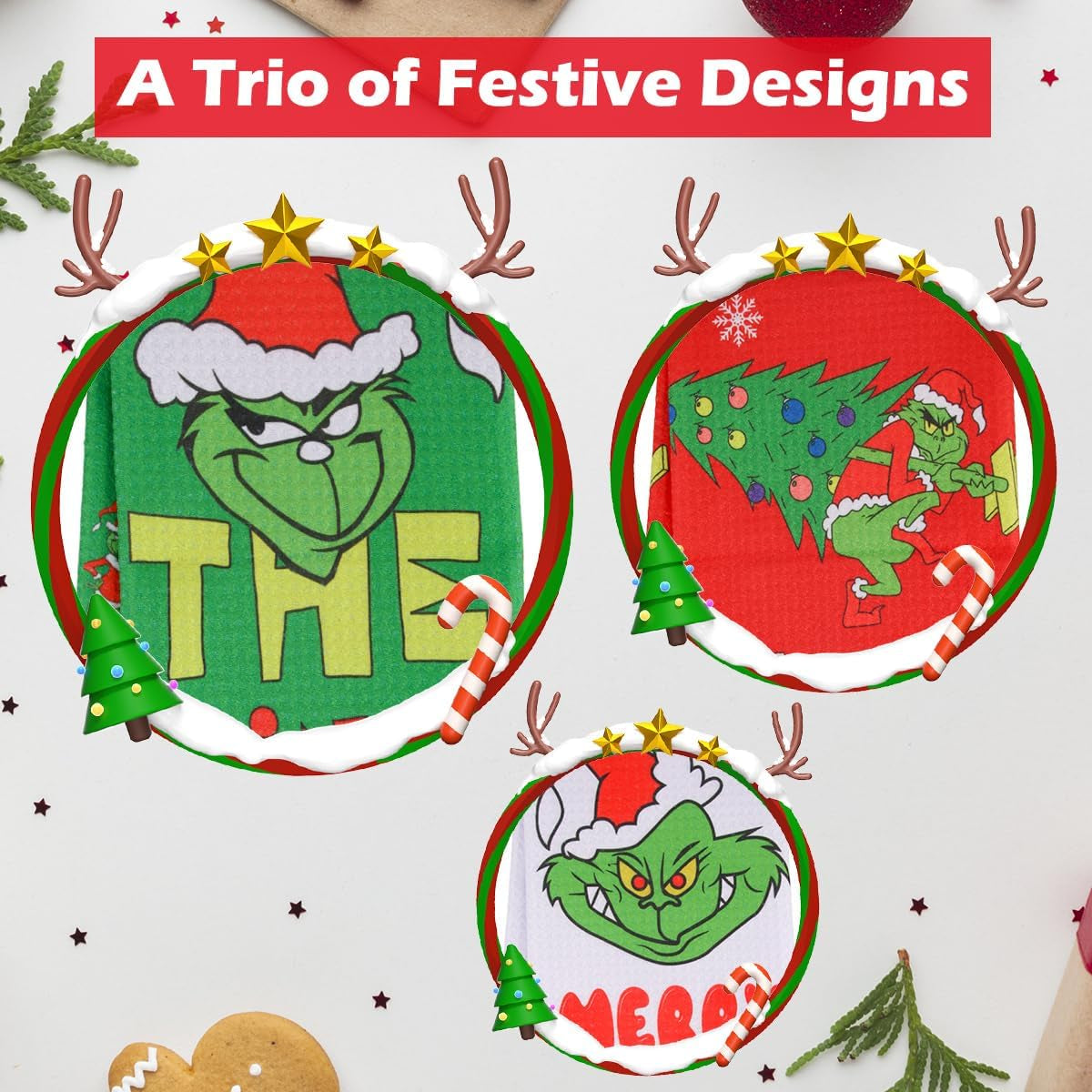 Christmas Tea Towels Kitchen Pack of 3 Pack - 40X60Cm Festive Waffle Weave Dish Cloths - Funny Xmas Kitchen Towel Set for Merry Xmas New Year Party Seasonal Home Decorations