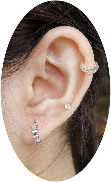 Double Love Heart Cubic Zirconia Sleeper Small Hoop Earrings for Women Teen Girls Sterling Silver Cartilage Tiny Cute Huggie Hoops Hypoallergenic for Sensitive Ear Pink CZ