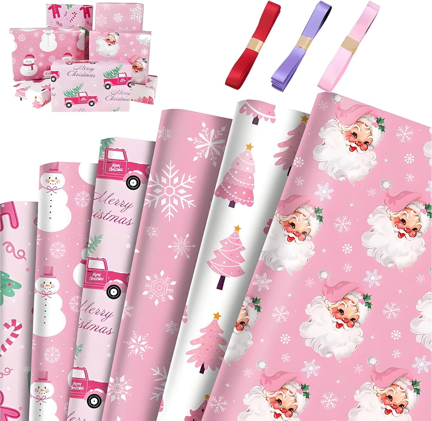 6Pcs Different Patterns Xmas Wrapping Paper + 3 Colored Ribbons Set, Cute Wrapping Paper Xmas Gift Wrap Supplies, Perfect for Holiday Presents, DIY Gift & Festive Packaging ﻿