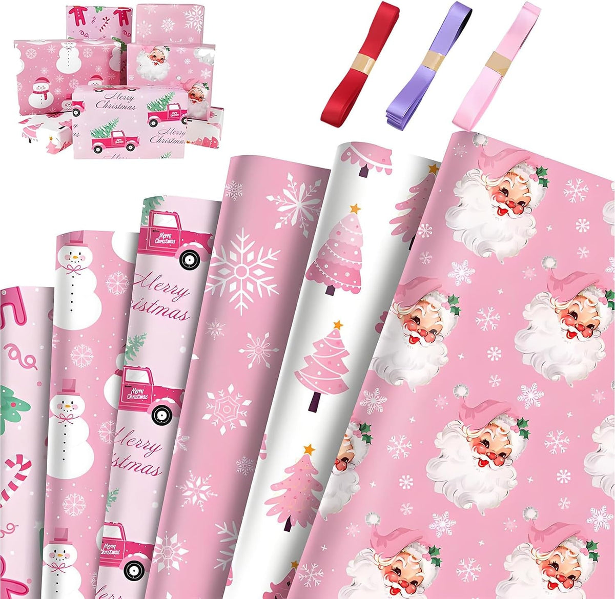 6Pcs Different Patterns Xmas Wrapping Paper + 3 Colored Ribbons Set, Cute Wrapping Paper Xmas Gift Wrap Supplies, Perfect for Holiday Presents, DIY Gift & Festive Packaging ﻿