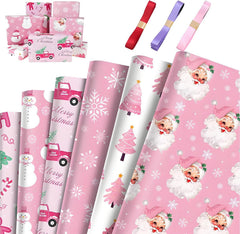 6Pcs Different Patterns Xmas Wrapping Paper + 3 Colored Ribbons Set, Cute Wrapping Paper Xmas Gift Wrap Supplies, Perfect for Holiday Presents, DIY Gift & Festive Packaging ﻿