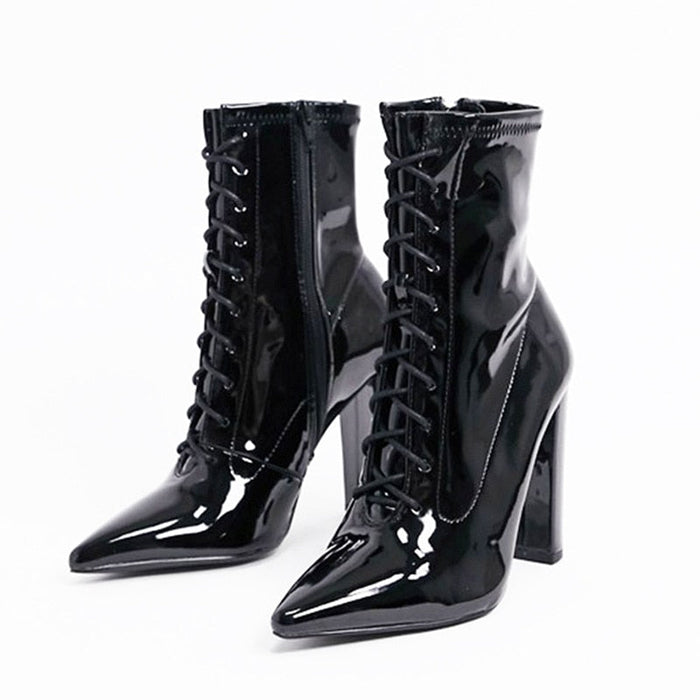 Black Patent Leather Pointed Toe Thick High Heel Short Boots