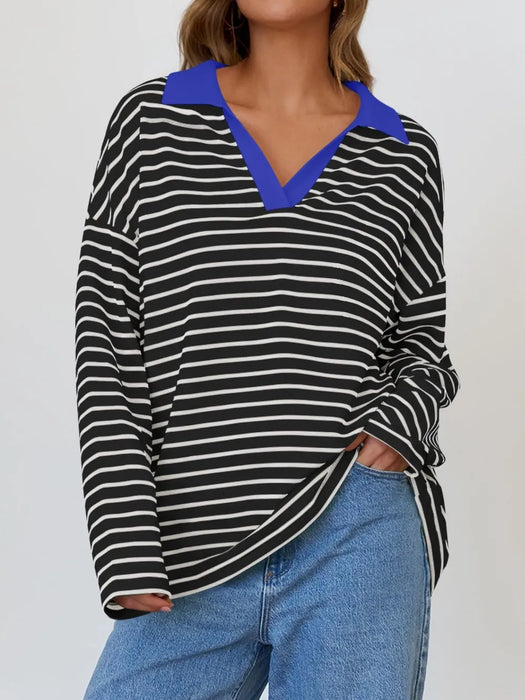 Mandy Striped  Collar Long Sleeve Sweatshirt