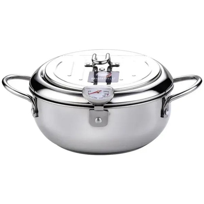 Japanese Style Deep Fryer Stainless Steel with Thermometer and Basket and Lid Kitchen Tempura Fry Pan Deep Fry Kitchenware