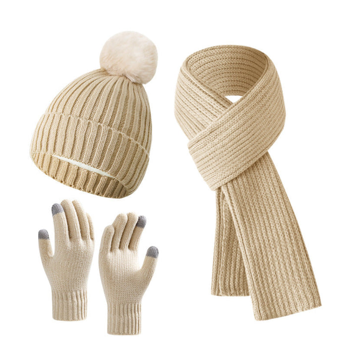 Solid Color Woven Hat Scarf And Gloves Warm Set