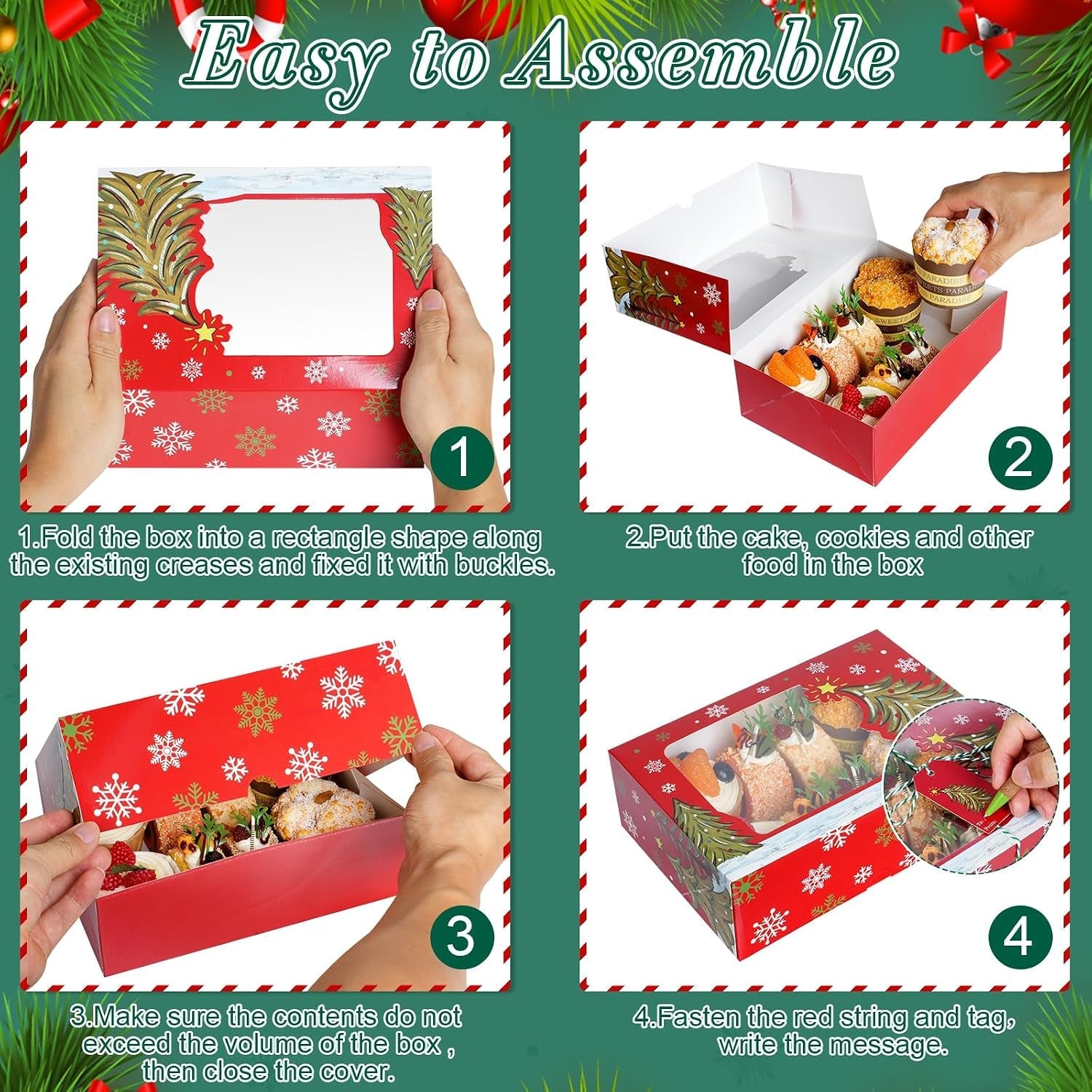 12Pcs Christmas Cookie Box 22X15X7 CM, 6 Designs Xmas Treat Gift Box with Clear Window Ribbon Tag, Christmas Cupcake Cookies Pastries Brownies Donuts Box Holiday Party Supply Gift Giving