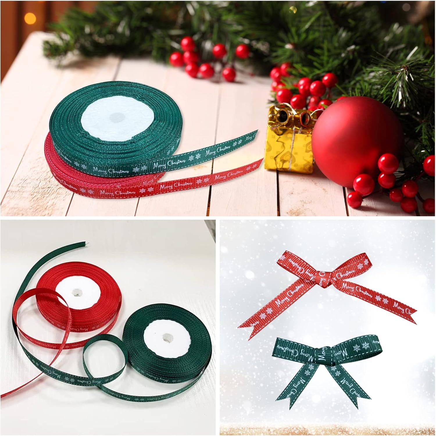 2 Rolls 43 Yard Merry Christmas Grosgrain Wrapping Rope with Snowflake Pattern for Christmas Favor Party DIY Crafts Package Decor (White Font)