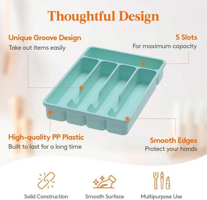 Cutlery Drawer Organiser, Plastic Cutlery Tray for Kitchen Drawer, Utensil Flatware Silverware Holder Divider for Spoons Forks Knives Tableware, 5 Compartment, Turquoise