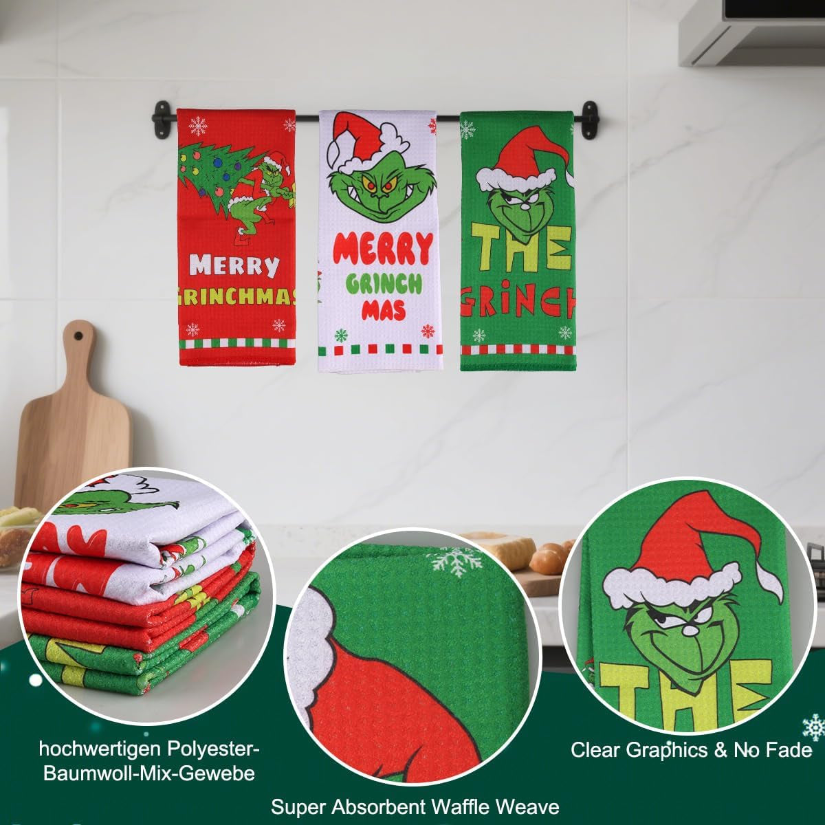 Christmas Tea Towels Kitchen Pack of 3 Pack - 40X60Cm Festive Waffle Weave Dish Cloths - Funny Xmas Kitchen Towel Set for Merry Xmas New Year Party Seasonal Home Decorations