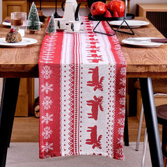 Christmas Table Runner, Red Modern Christmas Decorations with Christmas Reindeer and Snowflakes Xmas Pattern, Kitchen Dining Table Decoration for Home Party Decor, Winter Holiday, 35X180 Cm