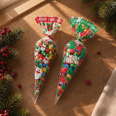 100Pcs Christmas Sweet Cone Bags, 13X25Cm Triangle Candy Bags for Xmas