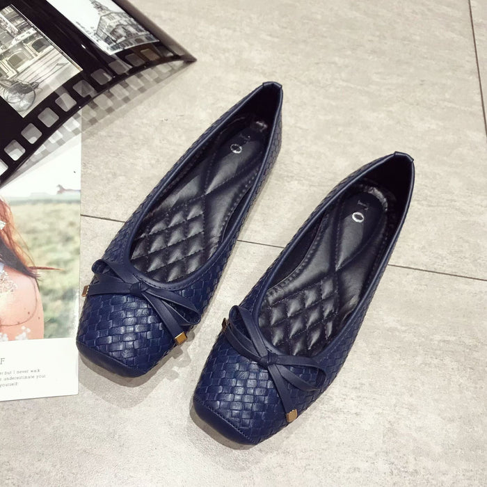 Flat Plus Size All-match Black Flat Heel Woven Pattern Scoop Women's Shoes For Four Seasons