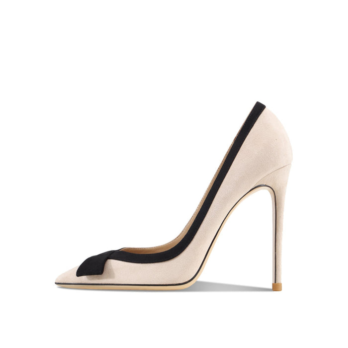 Leather Apricot Bowknot Suede High Heel