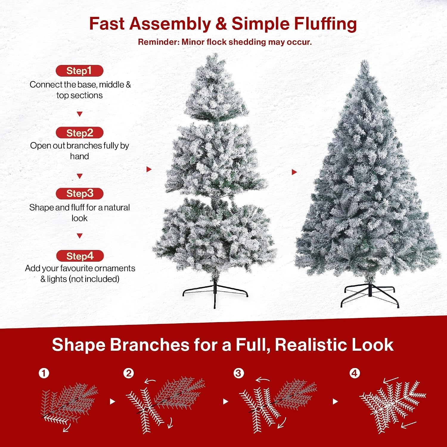 6Ft Snow Flocked Artificial Christmas Tree with 926 Tips Realistic Holiday Premium Full Winter White Pine Xmas Tree, Full Appearance Snowy Easy Assembly with Sturdy Metal Stand 180Cm
