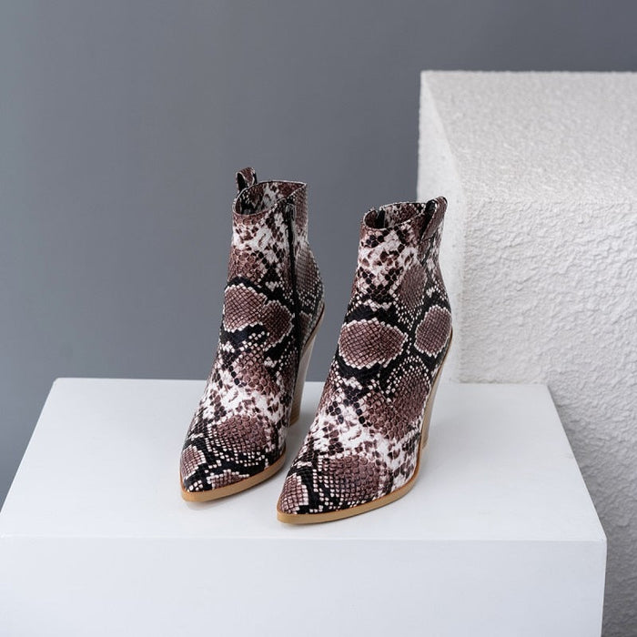 Gold Snake Print Ankle Boots For Women  High Heels Boots
