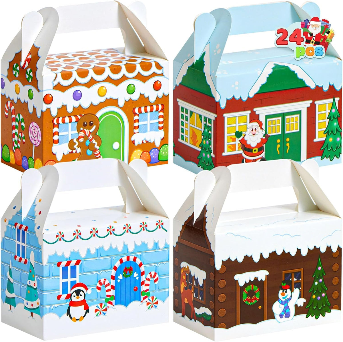 24 PCS 3D Christmas House Cardboard Treat Boxes for Holiday Xmas Goody Gift, Goodie Paper Boxes, School Classroom Party Favor Supplies, Candy Treat Cardboard Cookie Boxes