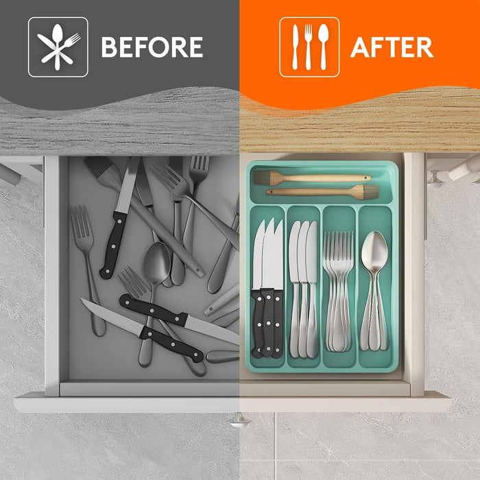 Cutlery Drawer Organiser, Plastic Cutlery Tray for Kitchen Drawer, Utensil Flatware Silverware Holder Divider for Spoons Forks Knives Tableware, 5 Compartment, Turquoise