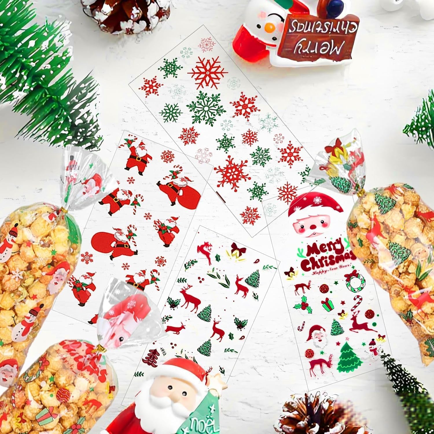 120 Pcs Christmas Cellophane Bags, Clear Treat Bags with Twist Ties