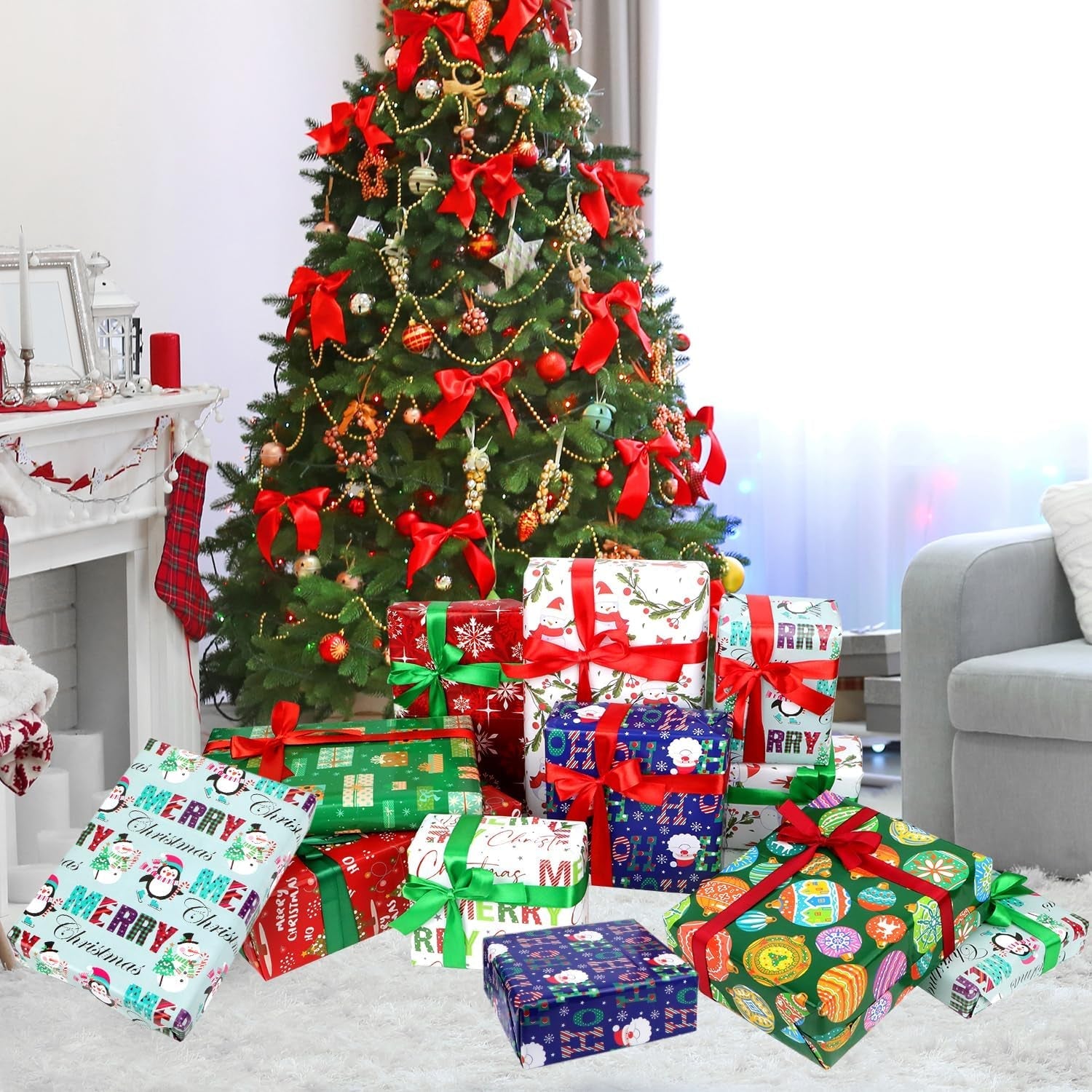 16 Sheets Christmas Gifts Wrapping Papers Set with Ribbon and Stickers, Thick Recyclable Xmas Gift Wrap Paper for Kids Children Adults Present Arts Crafts Decorations, Large Size 50X70 Cm