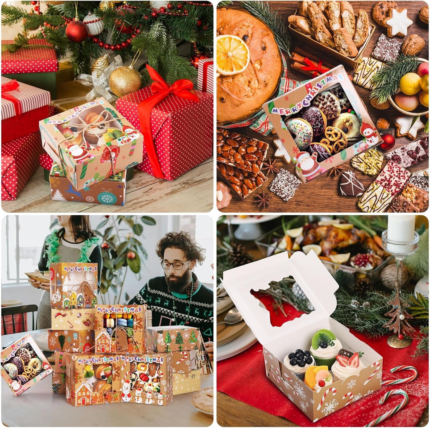 12Pcs Christmas Cup Cake Boxes,  16 * 16 * 7.5Cm Gift Boxes with Window+Rope+Gift Tag Gift Box Baking Packaging Christmas Tree Santa Claus DIY Snack Candy Cookies Food Box for Xmas Party Bakery