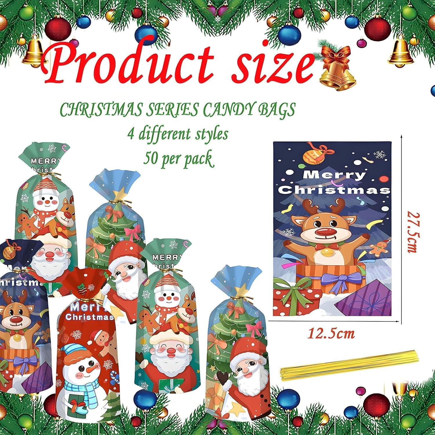 50Pcs Christmas Cellophane Candy Bags,Santa Snowman Elk Xmas Sweets Bag Loot Cookie Snack Treat Bag with Twist Tie,Wonder Wrap Gift Bag for Christmas Party Favor Supplies