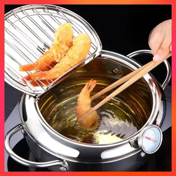 Japanese Style Deep Fryer Stainless Steel with Thermometer and Basket and Lid Kitchen Tempura Fry Pan Deep Fry Kitchenware