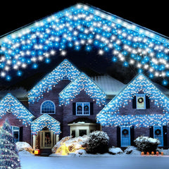 Christmas Icicle Lights Outdoor Blue White 480LED 50FT Icicle Christmas Lights with 8 Modes Timer Waterproof, for Eaves, Pavilion, Fences, Patio, Gardens, White&Blue