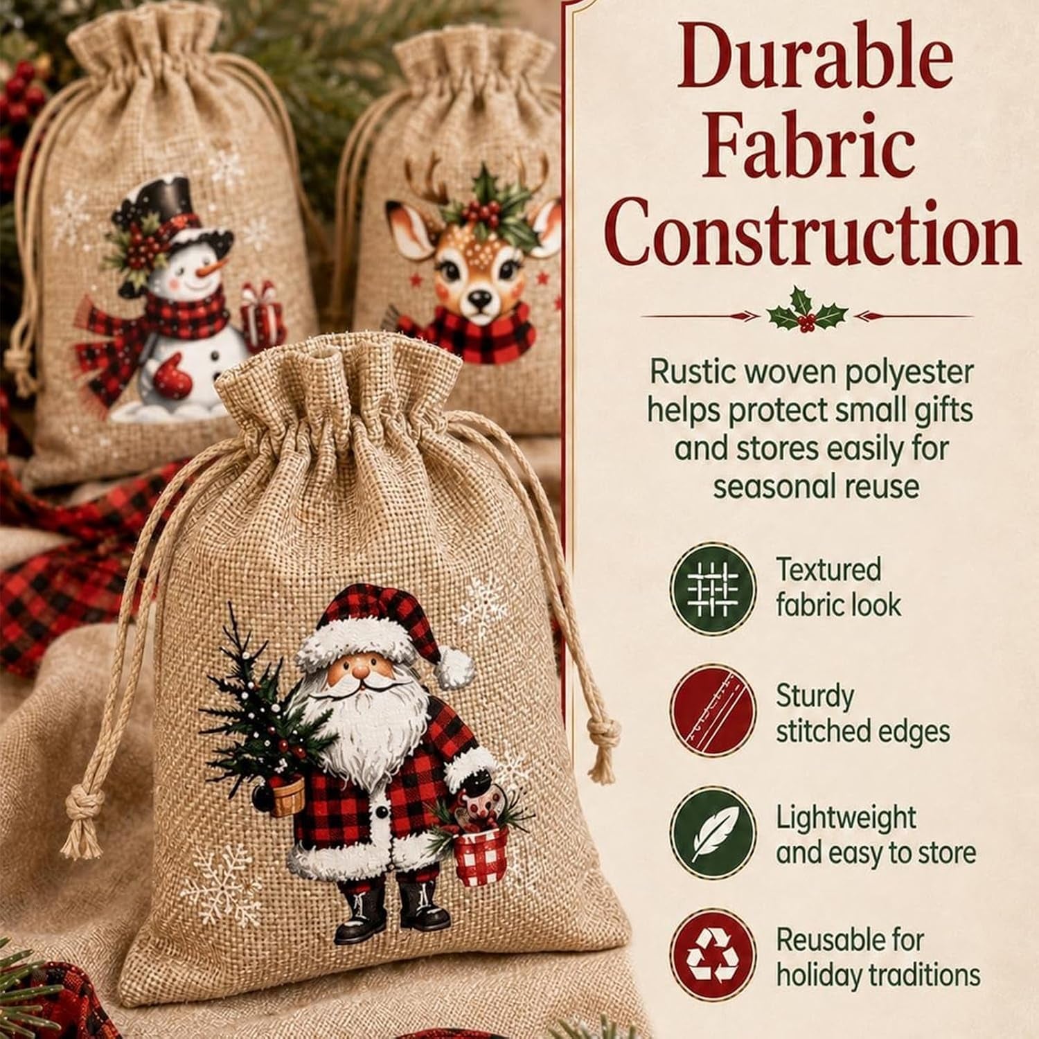 Christmas Drawstring Gift Bags-Santa & Reindeer Polyester Pouches，5Pc