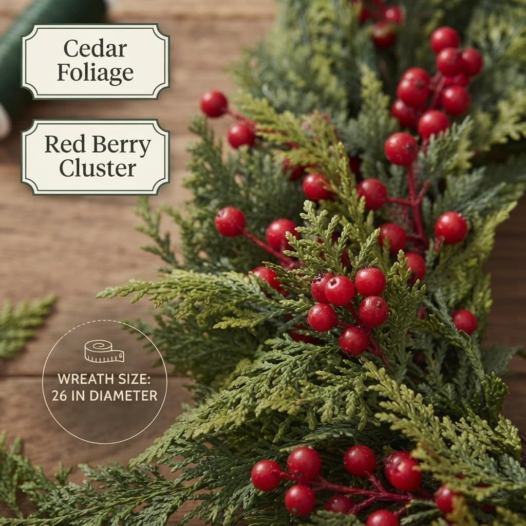 Large Christmas Wreath for Front Door 60 Cm (24 Inches), Artificial Fir Wreath with Red Berries, Pine Cones & Bow, Classic Advent Wreath for Wall & Door Decoration