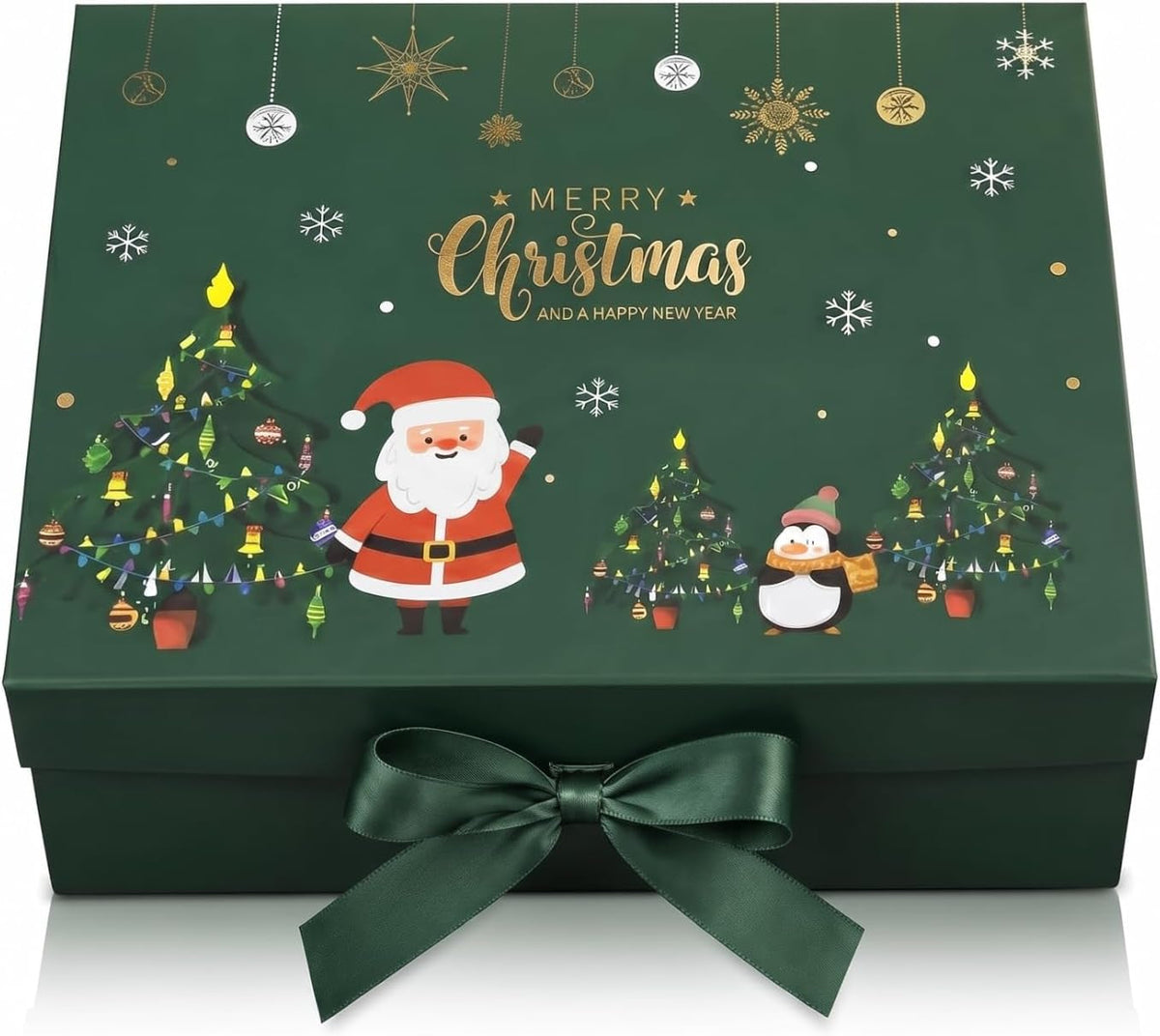 Luxury Magnetic Gift Box with Attached Lid & Ribbon – Foldable Reusable Holiday Packaging with Festive Designs (Green Santa Scene (Santa & Snowman with Christmas Tree), Medium)