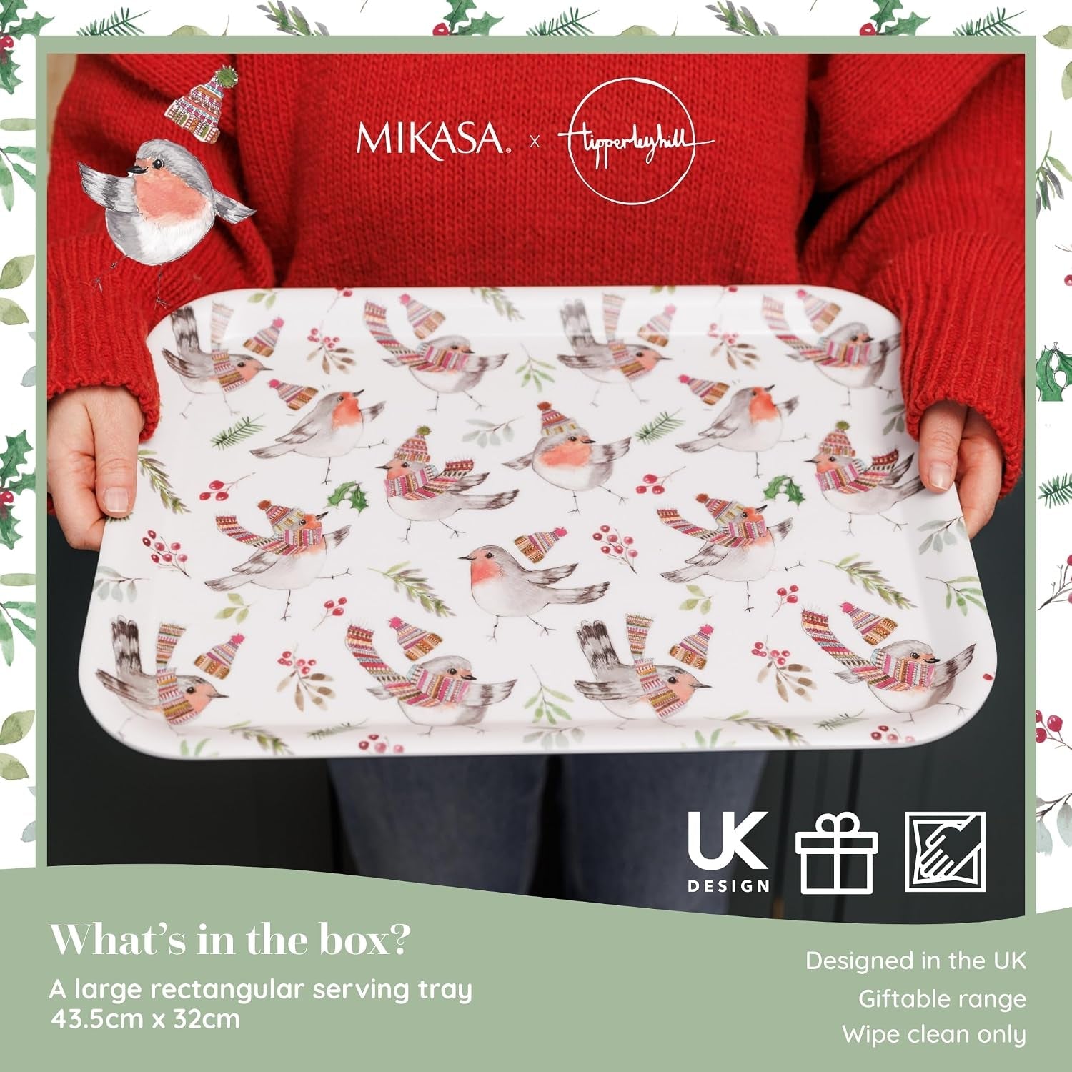 Tipperleyhill Large Rectangle Serving Tray, 43.5Cm X 32Cm Melamine Kitchen Tray, Perfect for Dinner and Drinks, Suitable for All Occasions, Christmas Robin Themed Collection, Ideal for Gifting