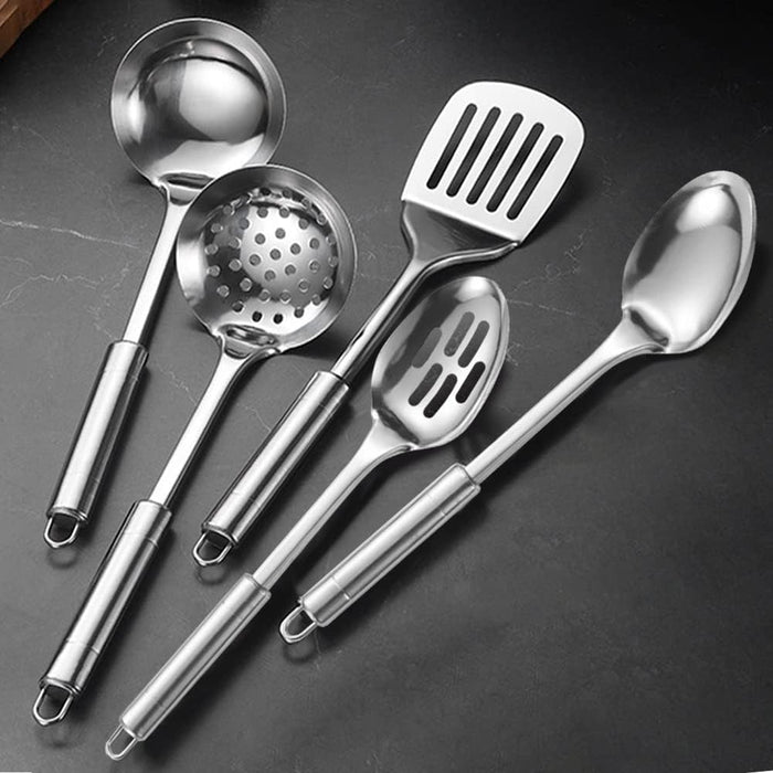 5Pcs Stainless Steel Kitchen Utensils Set Heat Resistant Cooking Utensil, Easy to Clean Non Stick Cooking Set, Includes Ladle,Slotted Turner,Skimmer,Slotted Spoon, Solid Spoon