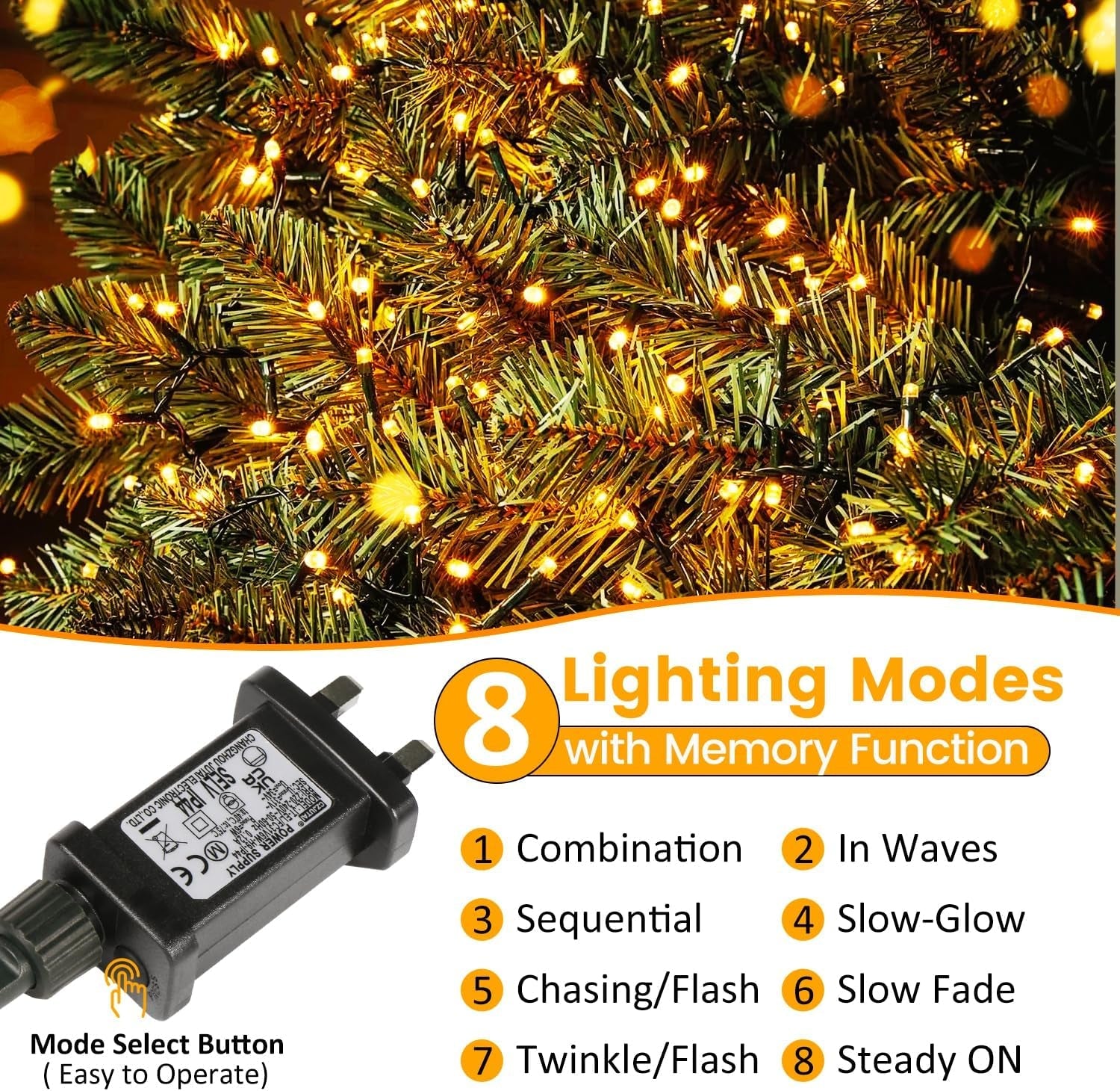 20M 200Leds Christmas Tree Lights on Dark Green Cable with Various Light Effects, Ideal for Christmas Tree,Xmas,Party,Wedding (Warm White)