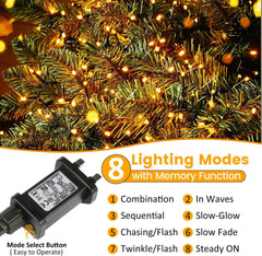 20M 200Leds Christmas Tree Lights on Dark Green Cable with Various Light Effects, Ideal for Christmas Tree,Xmas,Party,Wedding (Warm White)